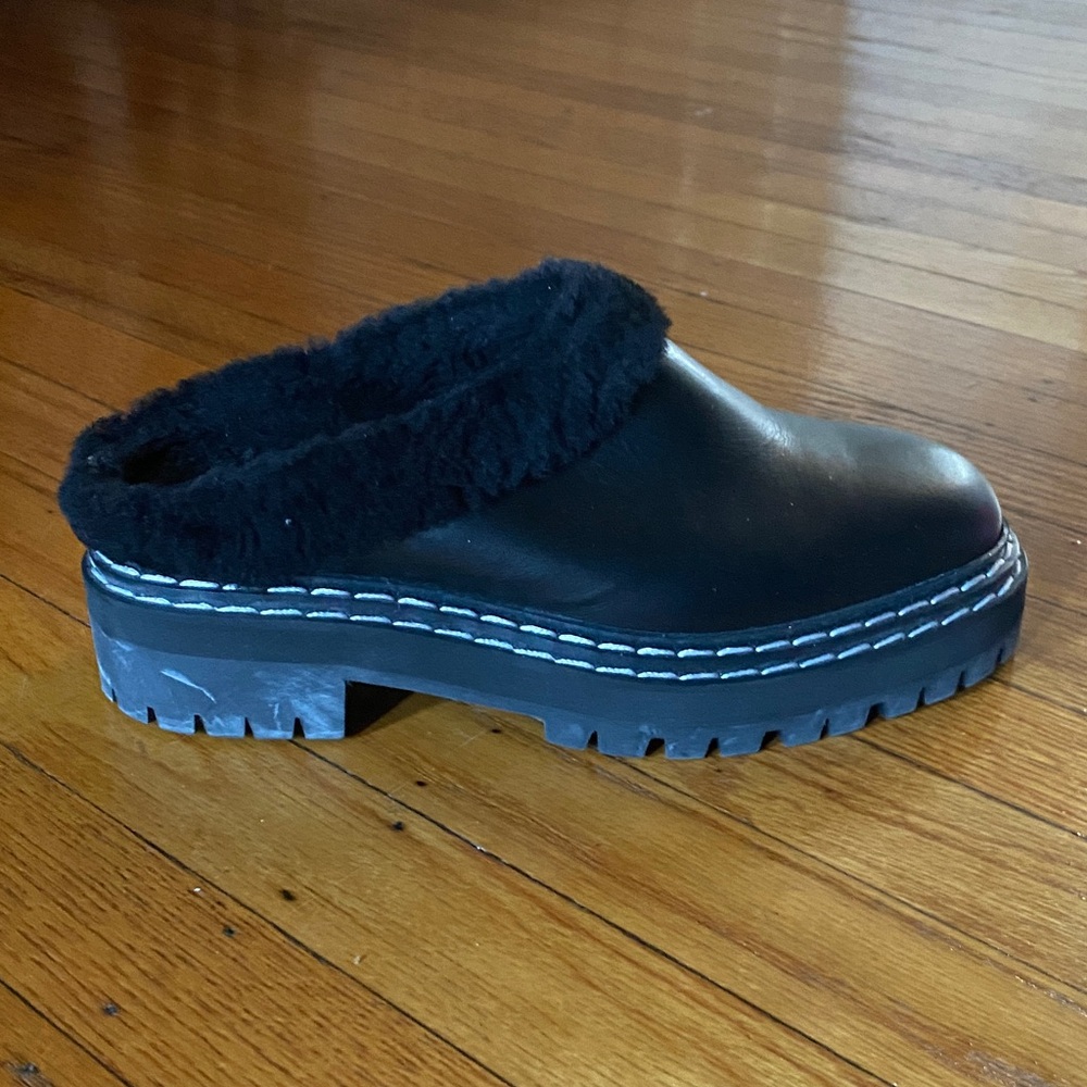 Proenza Schouler Black Fur-Trim Leather Clog Mules